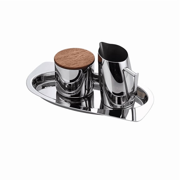 FGXMBXG Modern Stainless Steel Cream and Sugar Set with Serving Tray - Minimalist High-End Coffee Service Set, Includes Creamer Pitcher, Sugar Bowl with Wood Lid, and Serving Tray - 3-Piece Set