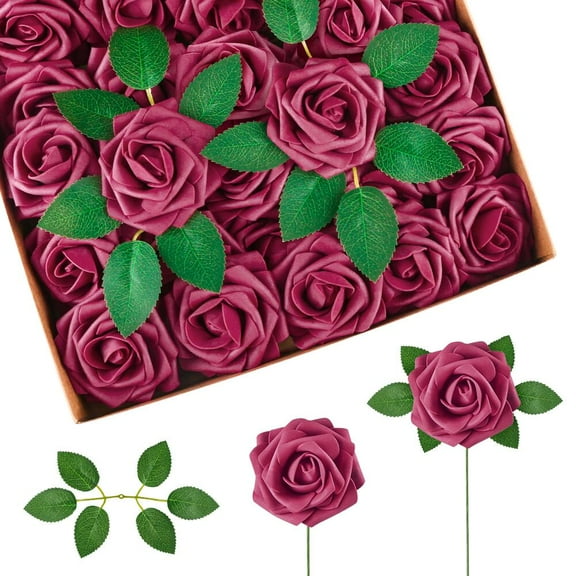FGY 25 Pcs Artificial Rose Flowers Fake Rose with Stems Real Looking Burgundy Roses for DIY Wedding Bouquets Home Decors