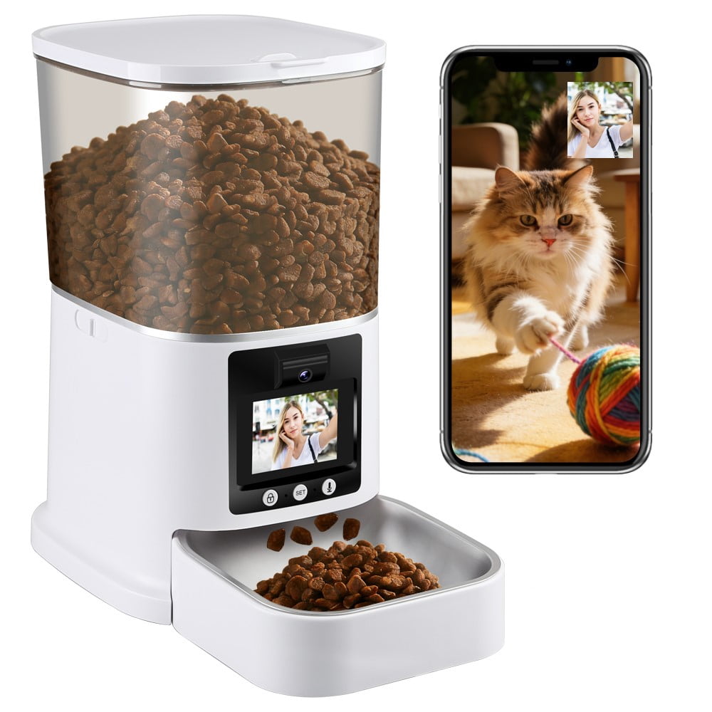 FGY 5L Automatic Cat Feeder with Camera 1080P HD, 2.4G/5G WiFi App Control, 2-Way Audio&Video Automatic Cat Food Dispenser (White)