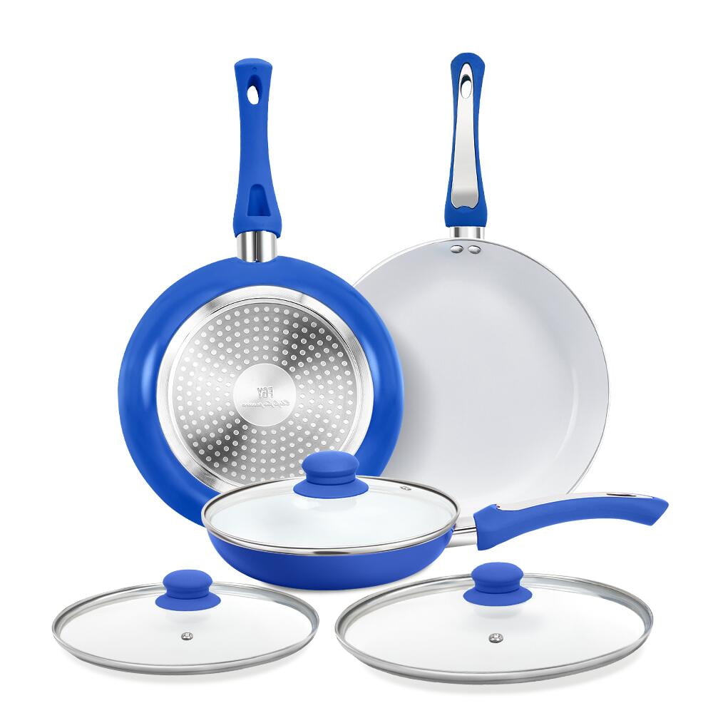 FGY 6 Pcs Nonstick Frying Pan Set Ceramic Coated - 8, 9.5 & 11 Fry Pans  w/ Lid (Blue) 