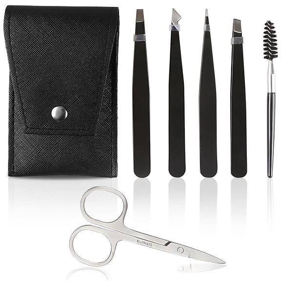 FGY 6PCS Eyebrow Tweezers Set with Precision Tweezers Curved Scissors Eyelash Brush (Black)