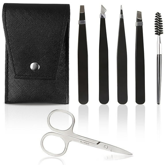 FGY 6PCS Eyebrow Tweezers Set with Precision Tweezers Curved Scissors Eyelash Brush (Black)