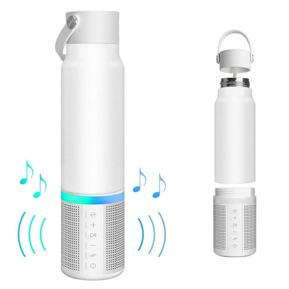 FGY Bluetooth Speaker Insulated Water Bottle - 20oz 304 Stainless Steel Flasks with Rechargeable Speaker & RGB Lighting for Outdoor & Parties White