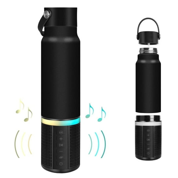 FGY Bluetooth Speaker Bottle 20oz Black 304 Stainless Steel Water Bottle with Rechargeable Speaker & RGB Lighting