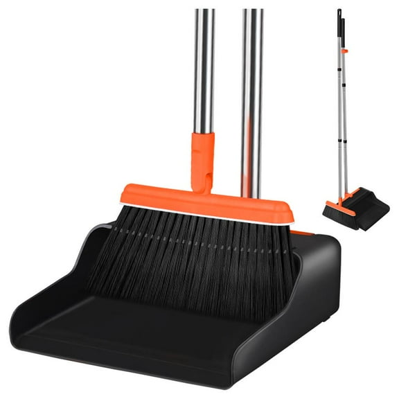 FGY Broom and Dustpan Set, Sweeper and Dust Pan Set with Adjustable Long Handle Black Orange