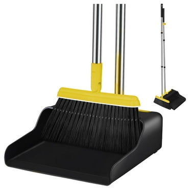 FGY Broom and Dustpan Set, Sweeper and Dust Pan Set with Adjustable Long Handle Black+Yellow