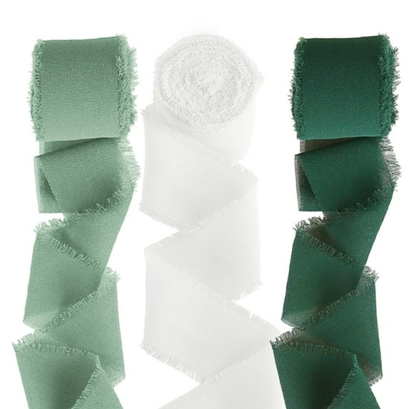 FGY Chiffon Ribbon 3 Rolls 1.5”x 7Yd Fringe Ribbons Silk Chiffon Ribbons for Wedding Invitations,Bouquets,Gifts Wrapping,Decorations (Green)