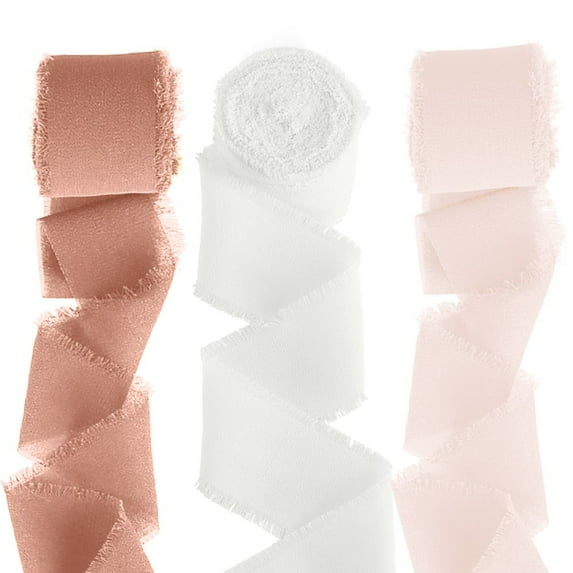 FGY Chiffon Ribbon 3 Rolls 1.5”x 7Yd Fringe Ribbons Silk Chiffon Ribbons for Wedding Invitations,Bouquets,Gifts Wrapping,Decorations (Pink)