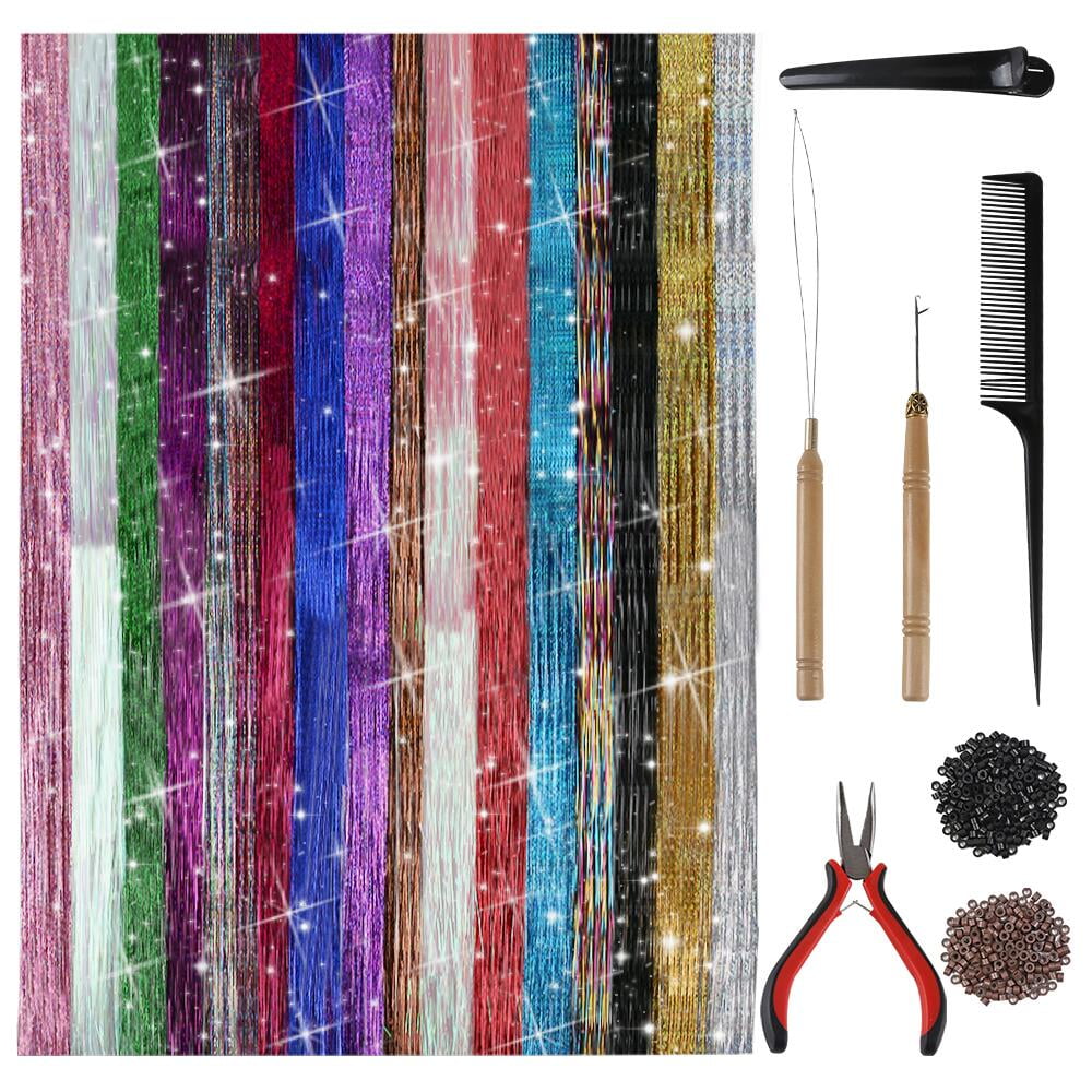 FGY Hair Tinsel Kit with Tool 16 Colors 3200 Strands Fairy Hair Tinsel Kit, Sparkling Glitter