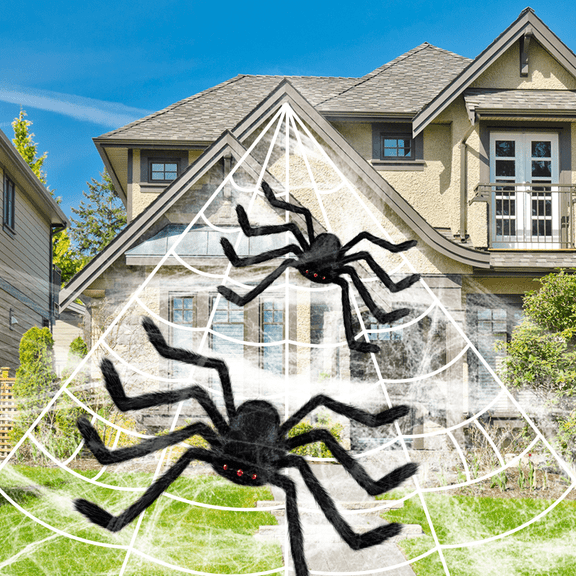 FGY Halloween Spider Web Decoration Kit w/ 197" Large Spider Web, 59" Giant Fake Spider and 35" Fake Spider for Porch Yard Home Party