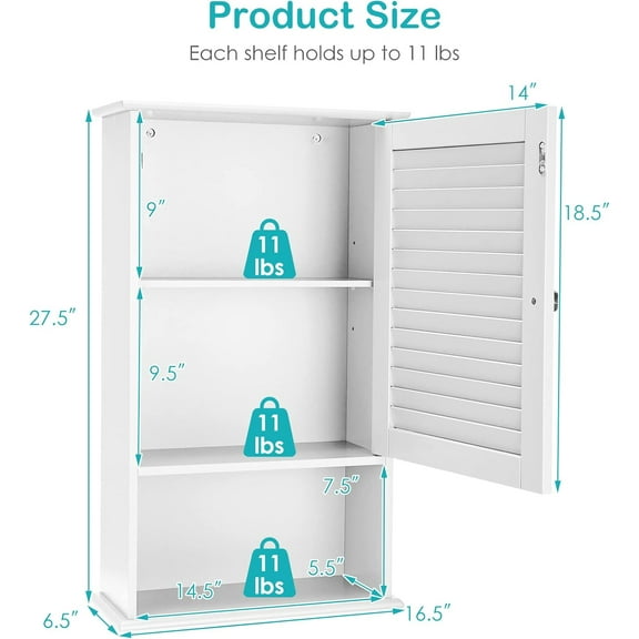 FGYRYK Bathroom Wall Cabinet, Modern Wall Mounted Storage Cabinet with Louver Door & Adjustable Shelf, Wooden Medicine Cabinet with Large Capacity for Bathroom, Living Room, Kitchen (White)