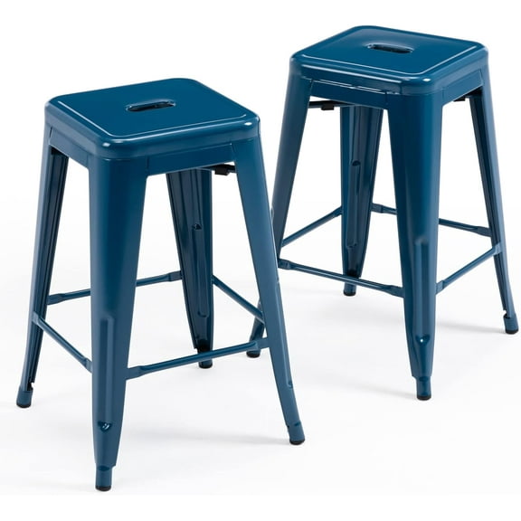FGYRYK Furniture Direct 24 Inch Metal Bar Stools, Backless Counter Height Barstools, Indoor Outdoor Stackable Stools with Square Seat, Set of 2 (Deep Blue)