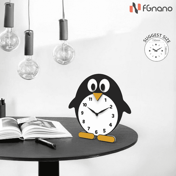 FGnano Adorable Penguin Shaped Cartoon Table Clock, Acrylic, Black, White & Yellow, 5.9"x5.7"x1.4", with White Gift Box