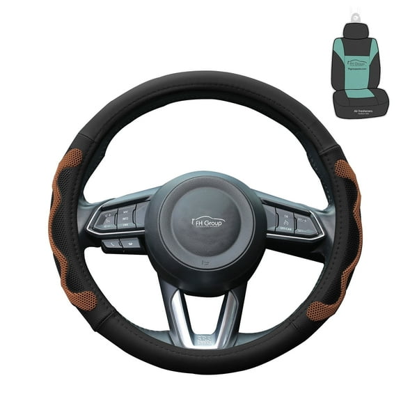 FH Group 1.6 lb. Leather Brown Steering Wheel Cover with Silicone Anti Slip Grip and Air Freshener