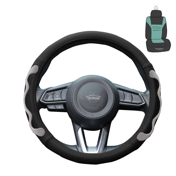 FH Group 1.6 lb. Leather Gray Steering Wheel Cover with Silicone Anti Slip Grip and Air Freshener