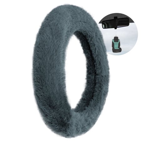 FH Group 14.5-15.5" Doe16 Gray Faux Rabbit Fur Steering Wheel Cover with Air Freshener