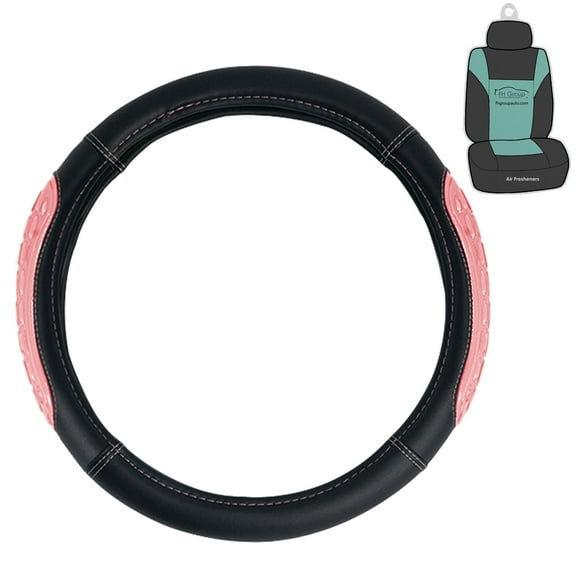 FH Group 14.5 - 15.5" Faux Leather and Pink Ultra Grip Silicone Steering Wheel Cover with Air Freshener