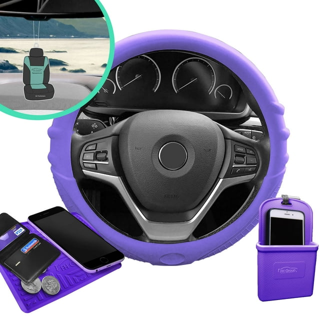 FH Group 14.5 - 15.5" Purple Silicone Steering Wheel Cover with Grip Marks and Air Freshener
