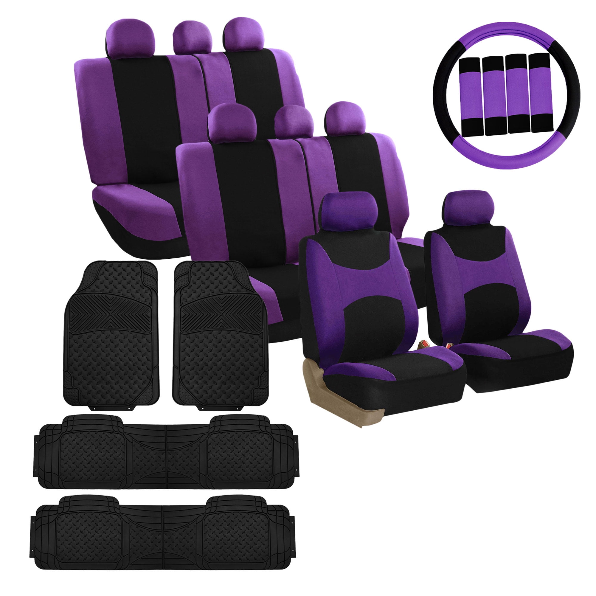 FH Group, 3 Row 8 Seater Purple Seat Covers Set w/ Steering / Belt Cover / Black Floor Mat