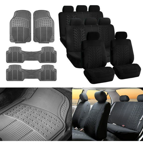 FH Group 3 Row SUV Van Seat Covers Black Combo w/ Gray Floor Mats - 8 Seaters