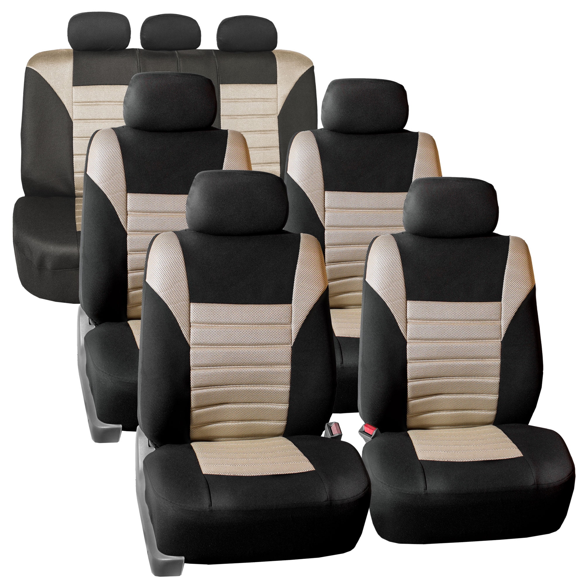 FH Group 3 Row Universal Fit Car Seat Covers Premium 3D Air Mesh with Removable Headrest,  Airbag Compatible for SUV, Sedan, Van Beige - 7 Seater