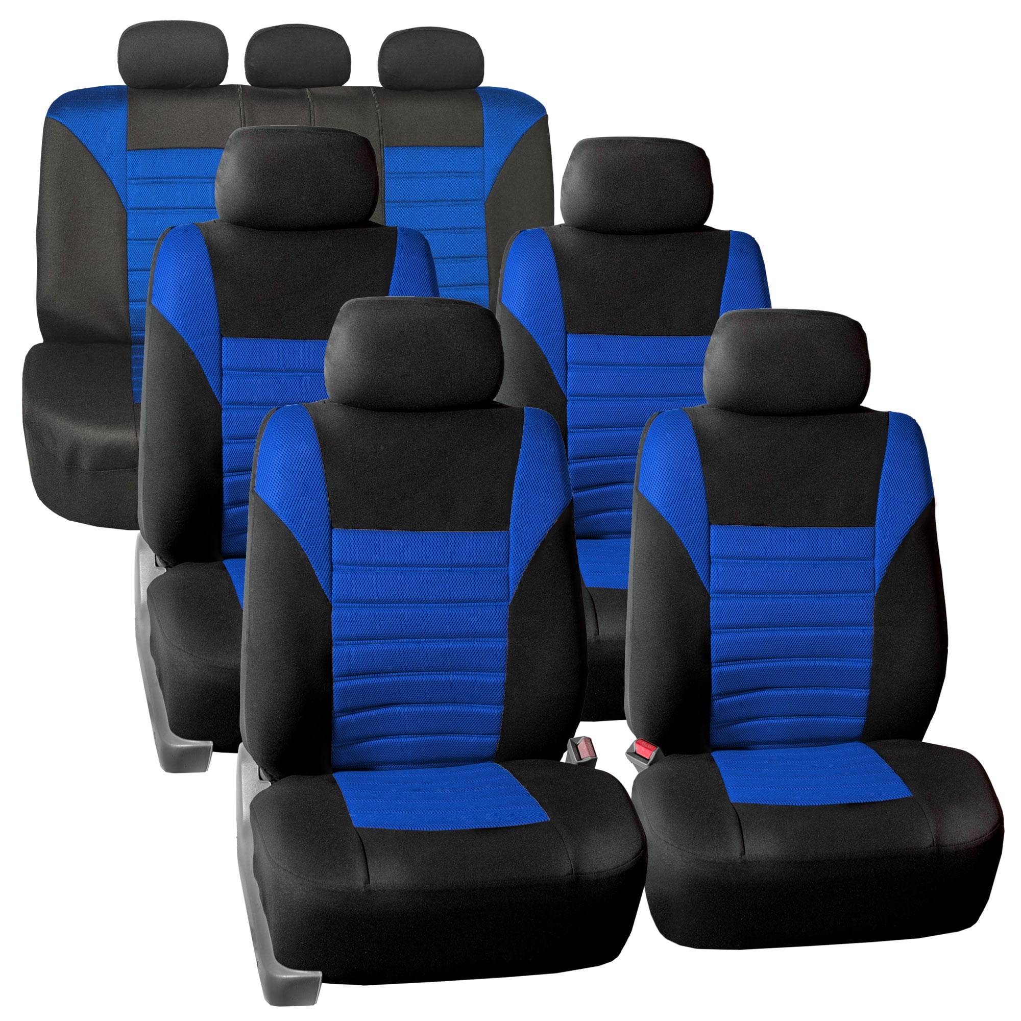 FH Group 3 Row Universal Fit Car Seat Covers Premium 3D Air Mesh with Removable Headrest,  Airbag Compatible for SUV, Sedan, Van Blue - 7 Seater