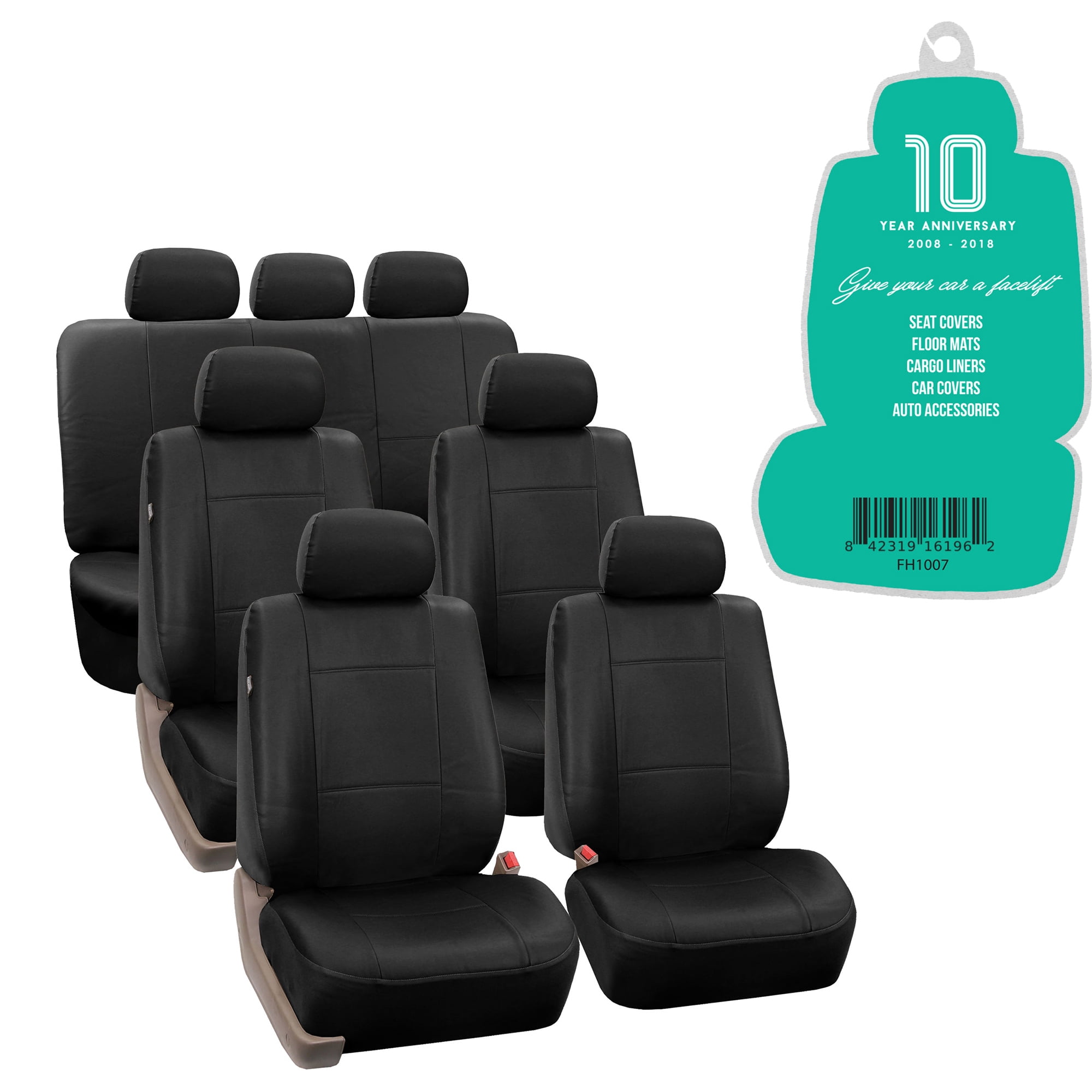FH Group 3 Rows Universal Fit Faux Leather Car Seat Covers for SUV Sedan, Airbag Compatible, Split Bench w/ Free Air Freshener - 7 Seaters Black