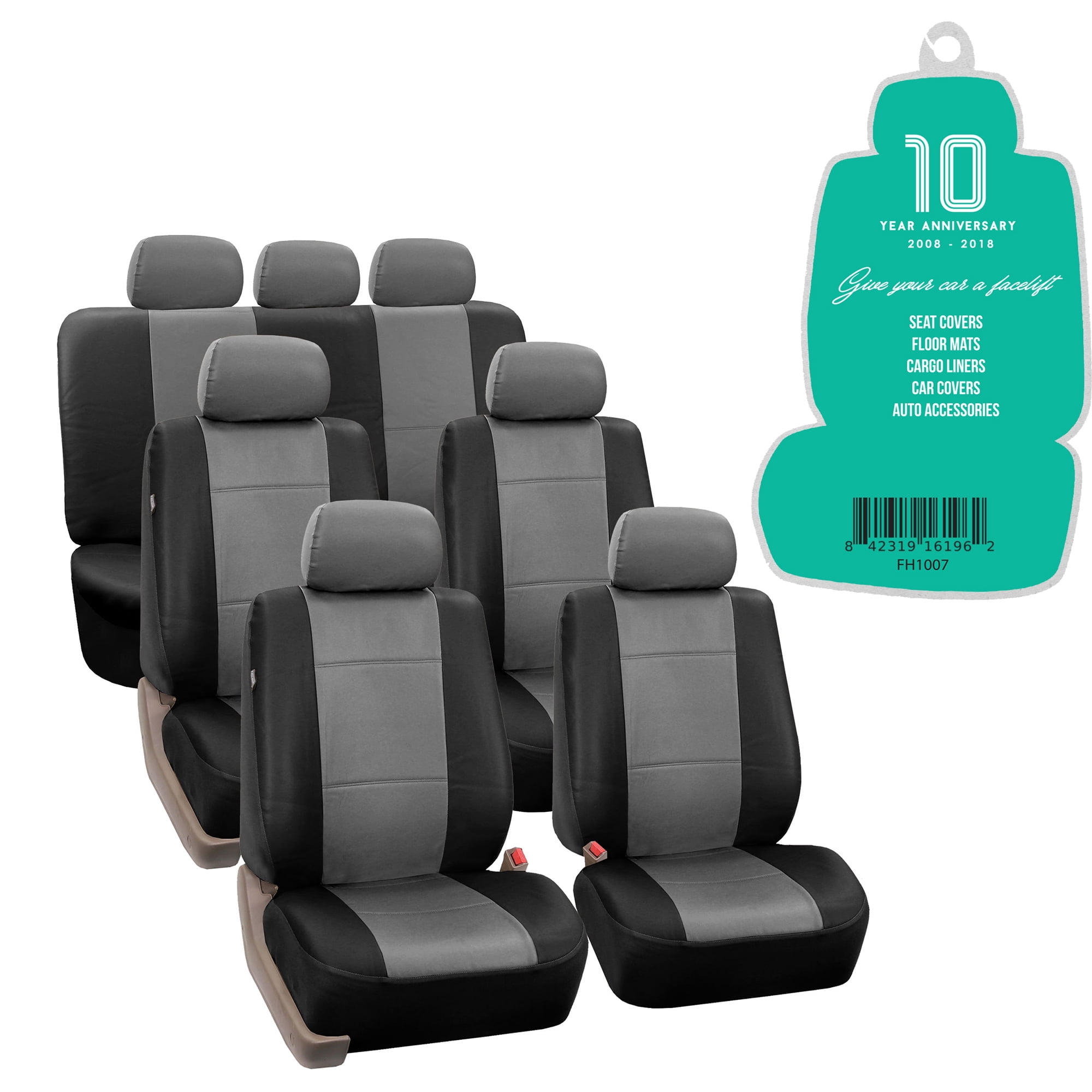FH Group 3 Rows Universal Fit Faux Leather Car Seat Covers for SUV Sedan, Airbag Compatible, Split Bench w/ Free Air Freshener - 7 Seaters Gray