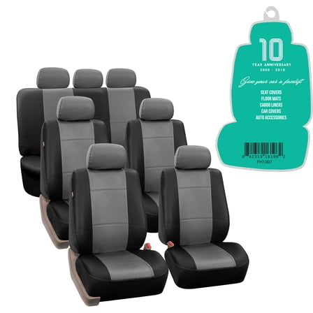 FH Group 3 Rows Universal Fit Faux Leather Car Seat Covers for SUV Sedan, Airbag Compatible, Split Bench w/ Free Air Freshener - 7 Seaters Gray