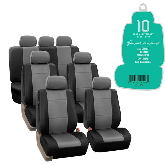 FH Group 3 Rows Universal Fit Faux Leather Car Seat Covers for SUV Sedan, Airbag Compatible, Split Bench w/ Free Air Freshener - 7 Seaters Gray