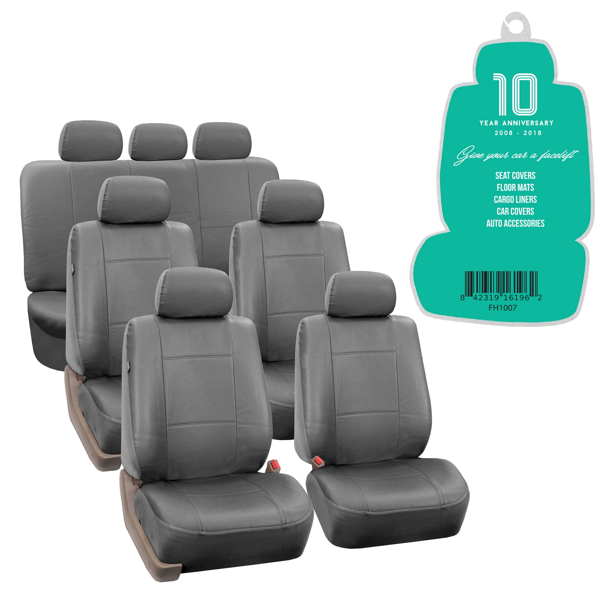 FH Group 3 Rows Universal Fit Faux Leather Car Seat Covers for SUV Sedan, Airbag Compatible, Split Bench w/ Free Air Freshener - 7 Seaters Solid Gray