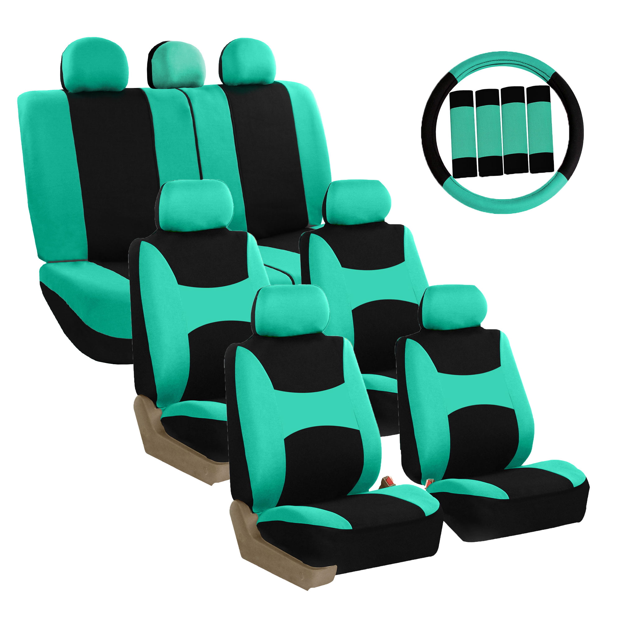 FH Group 3 rows Cloth Car Seat Covers for SUV, Sedan, Van Full Set - Universal Fit Automotive Seat Covers, Split Bench Rear Seat with Steering Wheel Cover, 4 Seatbelt Pads FB030217MINT-COMBO - image 1 of 7