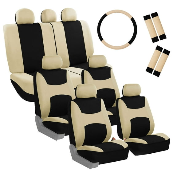 FH Group 3 rows Cloth Car Seat Covers for SUV, Sedan, Van Full Set - Universal Fit Automotive Seat Covers, Split Bench Rear Seat with Steering Wheel Cover, 4 Seatbelt Pads Beige/Black
