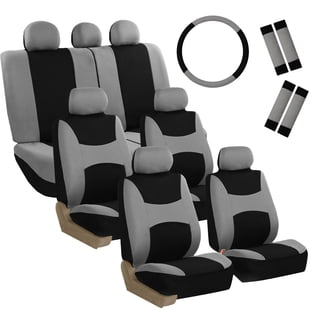 FH Group 3 rows Cloth Car Seat Covers for SUV, Sedan, Van Full Set - Universal Fit Automotive Seat Covers, Split Bench Rear Seat with Steering Wheel Cover, 4 Seatbelt Pads Gray/Black