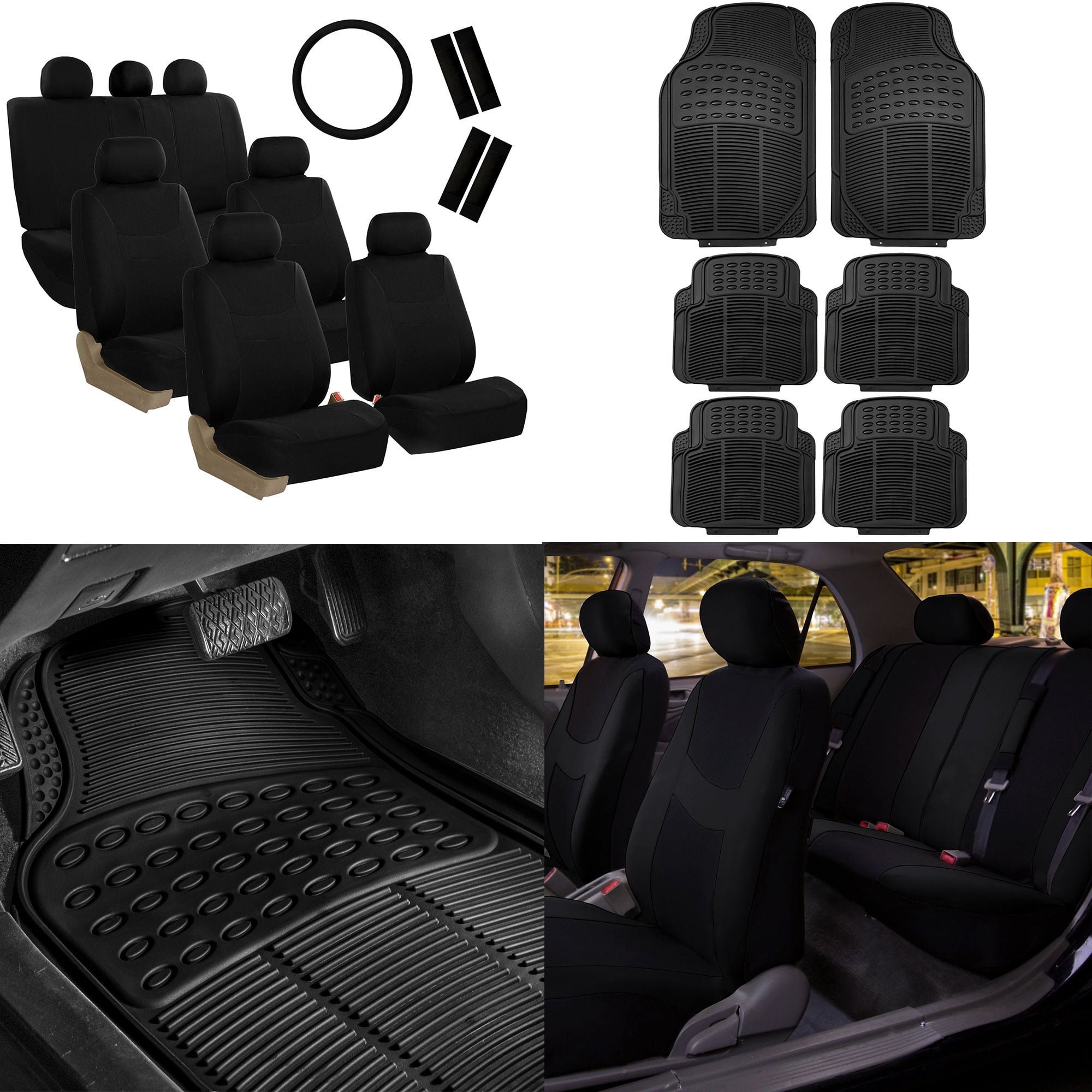 FH Group 7 Seater 3 Row Black Seat Covers for SUV Van Accesory Combo w Black Floor Mats