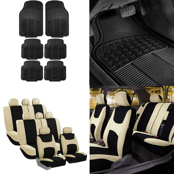FH Group, 8 Seaters 3 Row Beige Black Seat Covers for SUV Van Combo with Black Floor Mats