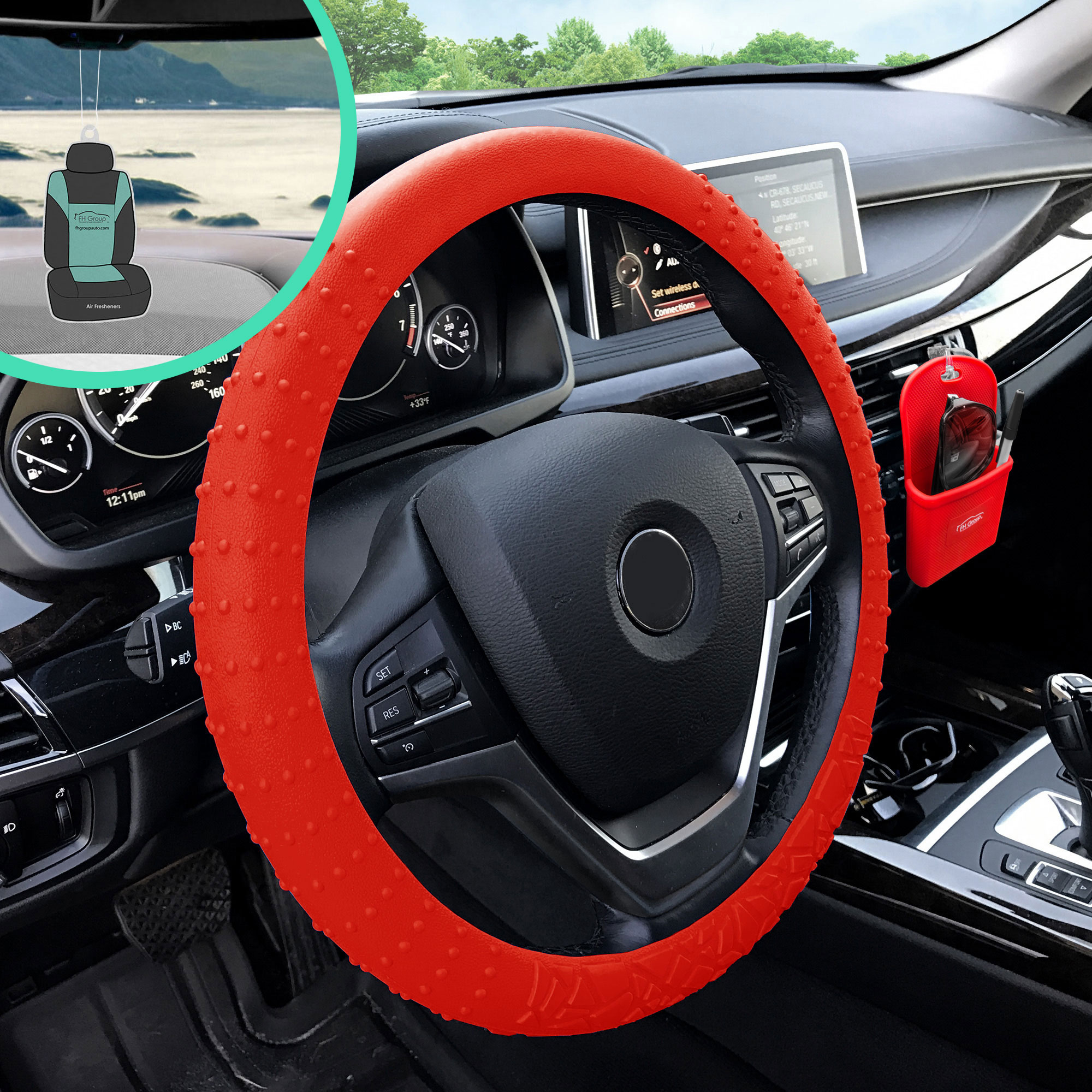 FH Group AFFH3002RED-FH3022 Red Nibbed Silicone Steering Wheel Cover with  Massaging Grip With Air Freshener