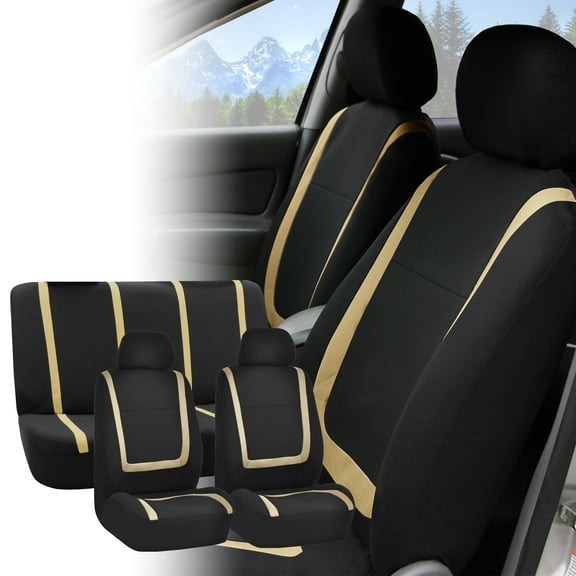 FH Group Beige Black Car Seat Covers for Car SUV Van Full Set Interior Seat Covers