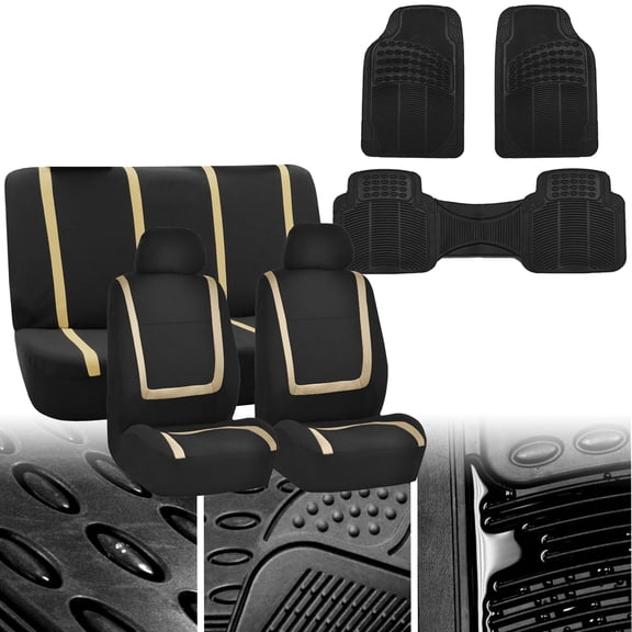 FH Group Beige Black Seat Covers for Car SUV Combo w/ Black  Floor Mats