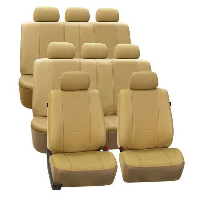 FH Group Beige Deluxe Faux Leather Airbag Compatible and Split Bench Car Seat Covers, 8 Seater 3 Row Full Set