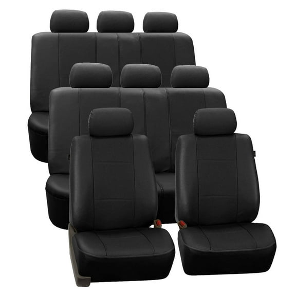 FH Group Black Deluxe Faux Leather Airbag Compatible and Split Bench Car Seat Covers, 8 Seater 3 Row Full Set