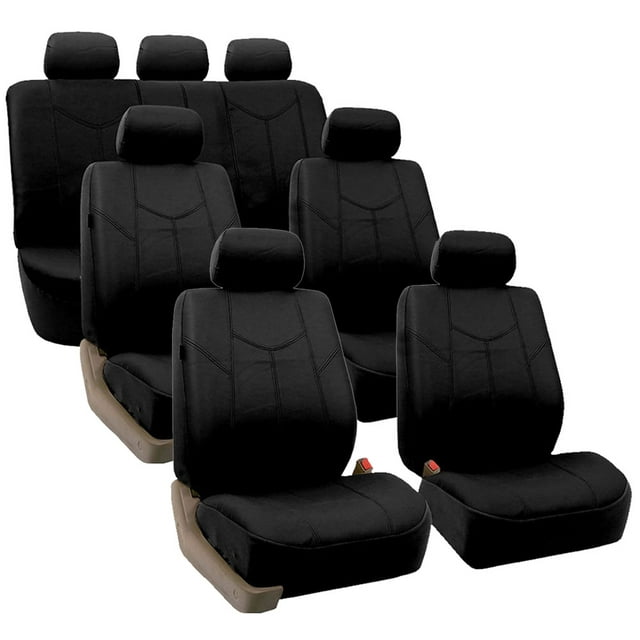 FH Group Black Rome Faux Leather Airbag Compatible and Split Bench 7 Seaters Car Van Seat Covers - Black Full Set