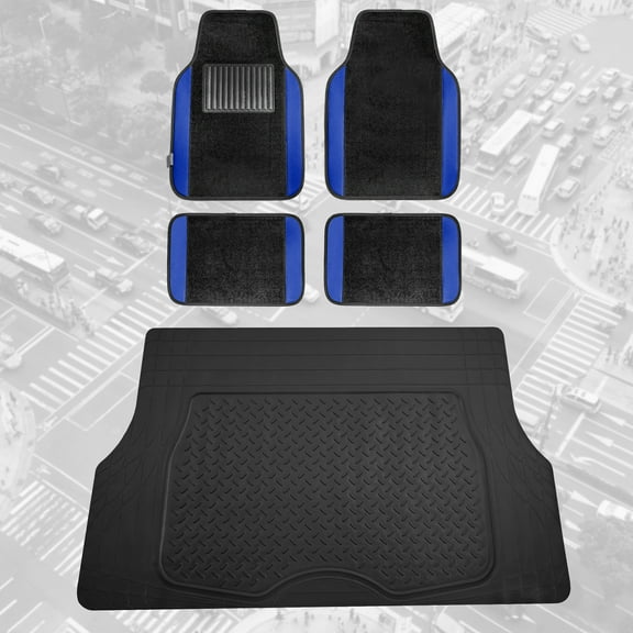FH Group, Blue Black Carpet Floor Mats Combo w/ Rubber Trunk Cargo Linear Mat
