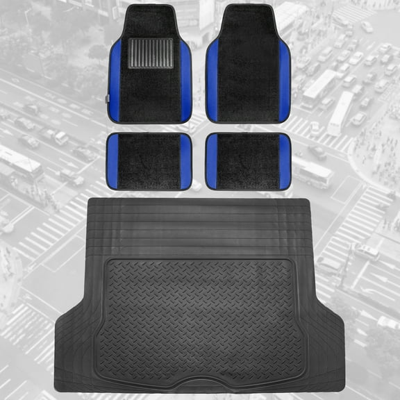 FH Group, Blue Black Carpet Floor Mats Trunk Cargo Linear Set Heavy Duty