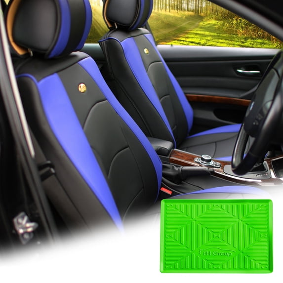 FH Group Blue Black Leatherette Front Bucket Seat Cushion Covers for Auto Car SUV Truck Van with Green Dash Mat Combo