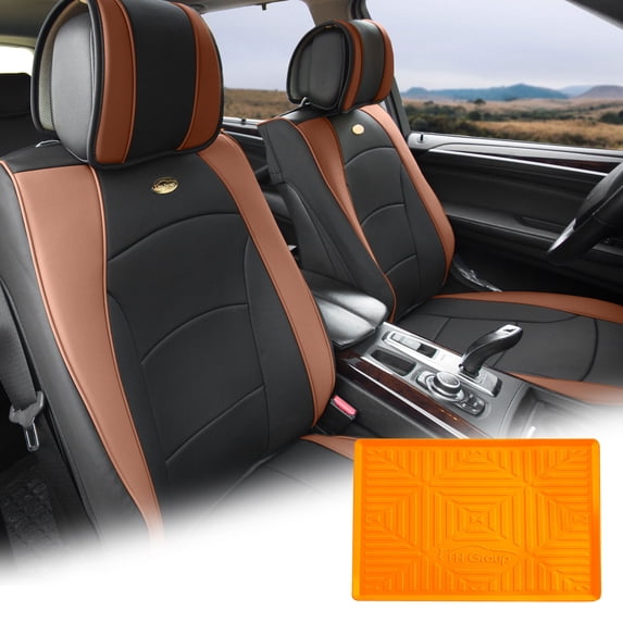 FH Group Brown Black Leatherette Front Bucket Seat Cushion Covers for Auto Car SUV Truck Van with Orange Dash Mat Combo