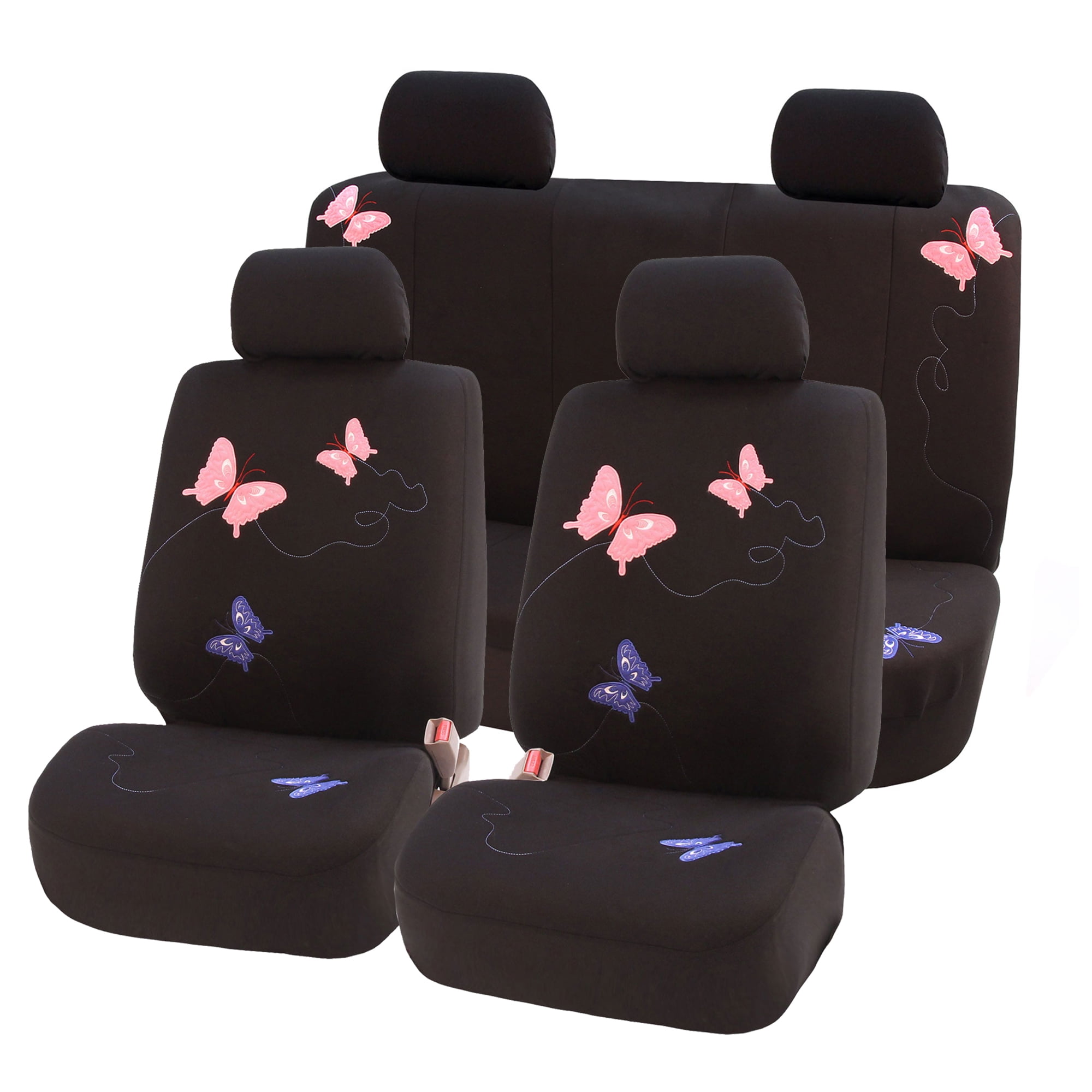 FH Group Butterfly Embroidery Cloth Car Seat Covers Fit For Car Truck SUV Van - Full Set