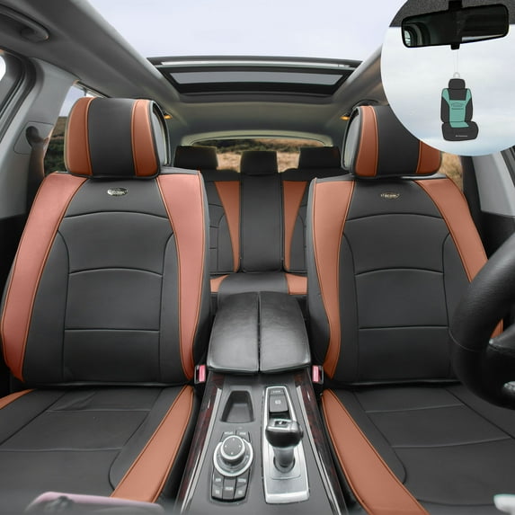 FH Group Car Seat Cover Leatherette Luxury Bucket Pair Seat Covers Black Brown w/ Free Air Freshener