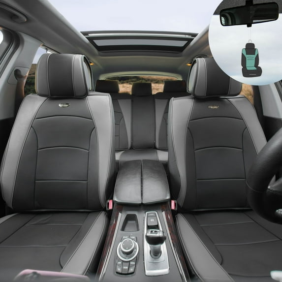 FH Group Car Seat Cover Leatherette Luxury Bucket Pair Seat Covers Black Gray w/ Free Air Freshener