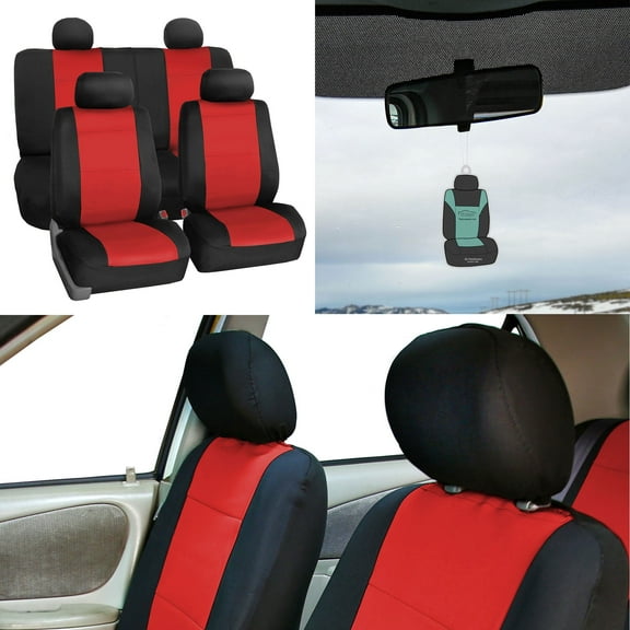 FH Group Car Seat Covers Full Set Red Black Neoprene - Universal Fit, Automotive Seat Covers, Airbag Compatible, Split Bench Rear Seat, Washable Car Seat Cover for SUV, Sedan